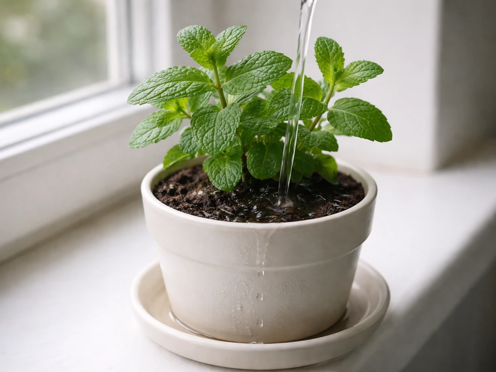 Close-up of indoor mint in a small pot being watered until excess drains from the soil