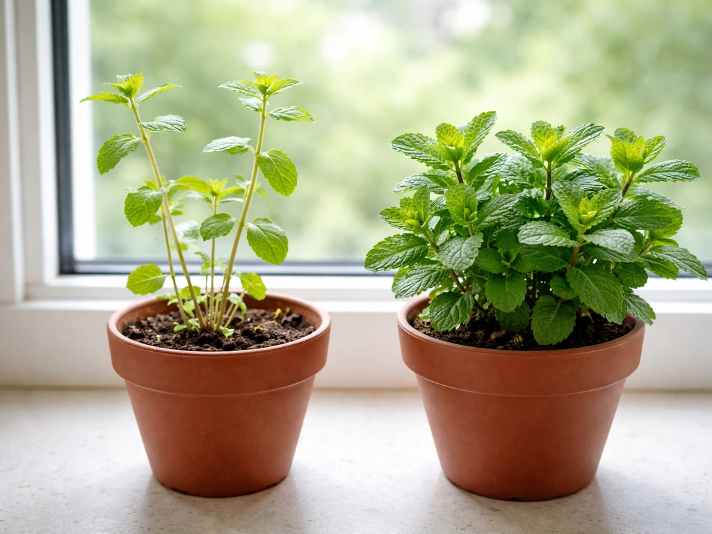 Two small potted mint plants side-by-side: one leggy and pale, one lush and healthy under brighter light.