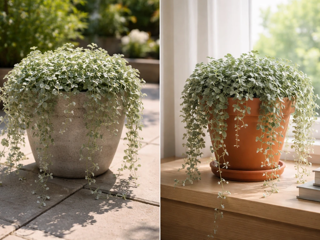 Split photo of dichondra ‘Silver Falls’ in full sun outdoors and bright window light indoors.