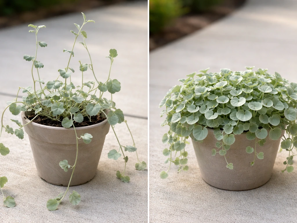 Side-by-side dichondra plants: left leggy and sparse, right lush and compact in small pots.