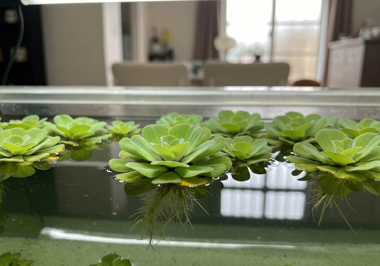 Close-up of water hyacinth rosettes floating in a clear indoor aquarium tub setup.