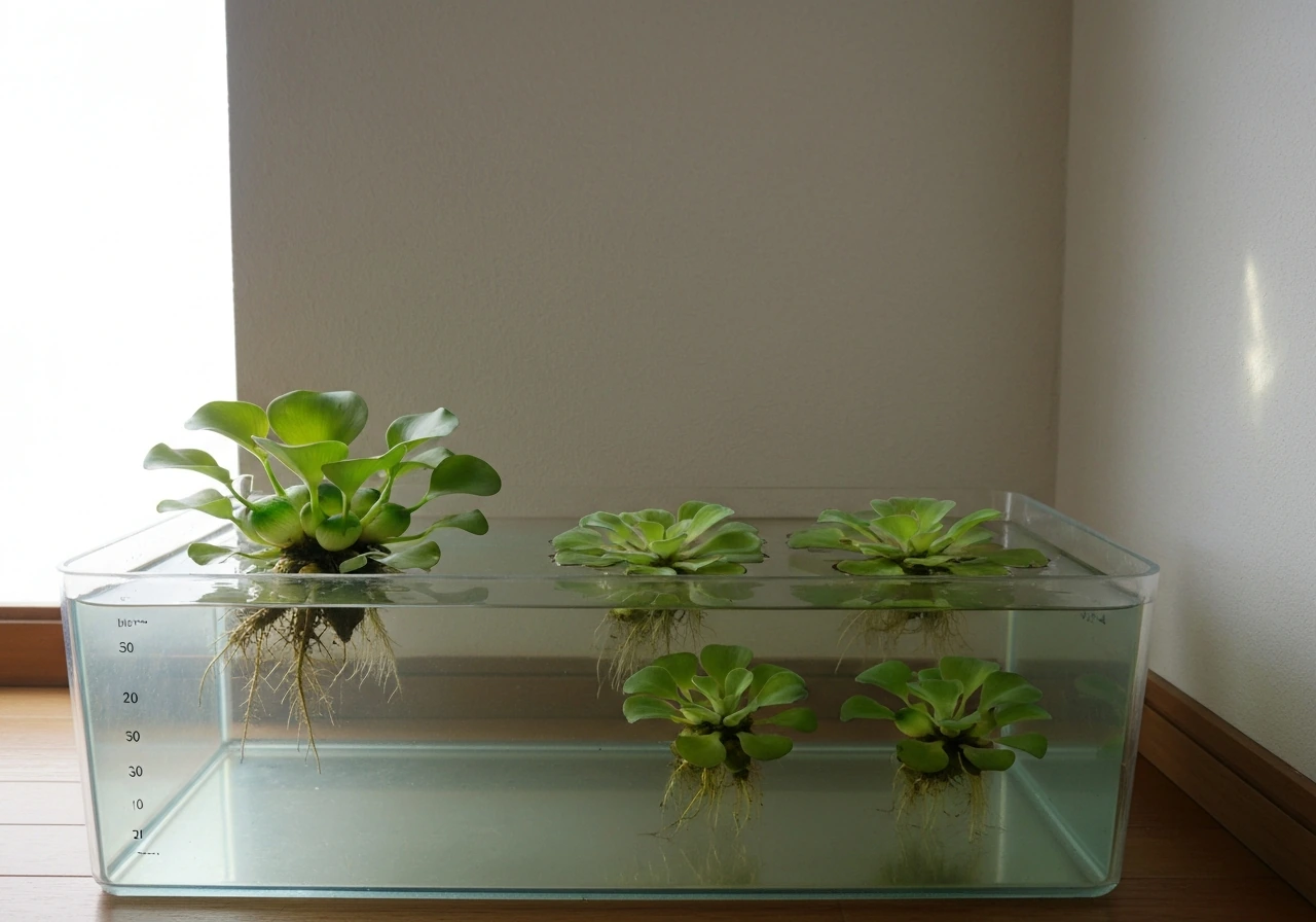 Indoor water hyacinth tank with floating rosettes and clear water showing depth space to spread.