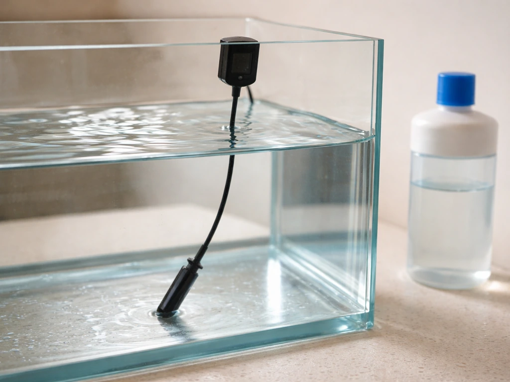 Close-up of a thermometer probe in clear aquarium water with a dechlorinator bottle nearby.