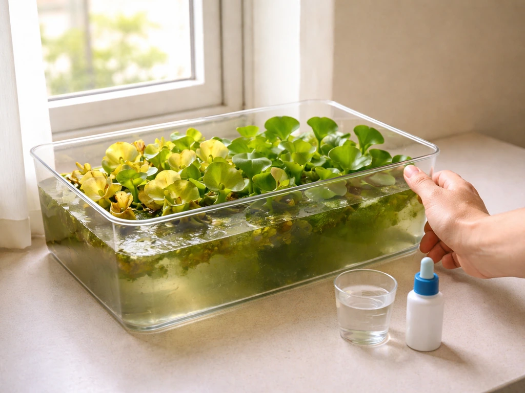 Indoor water hyacinth setup showing mild yellow leaves and algae, with the tank moved closer to window light.