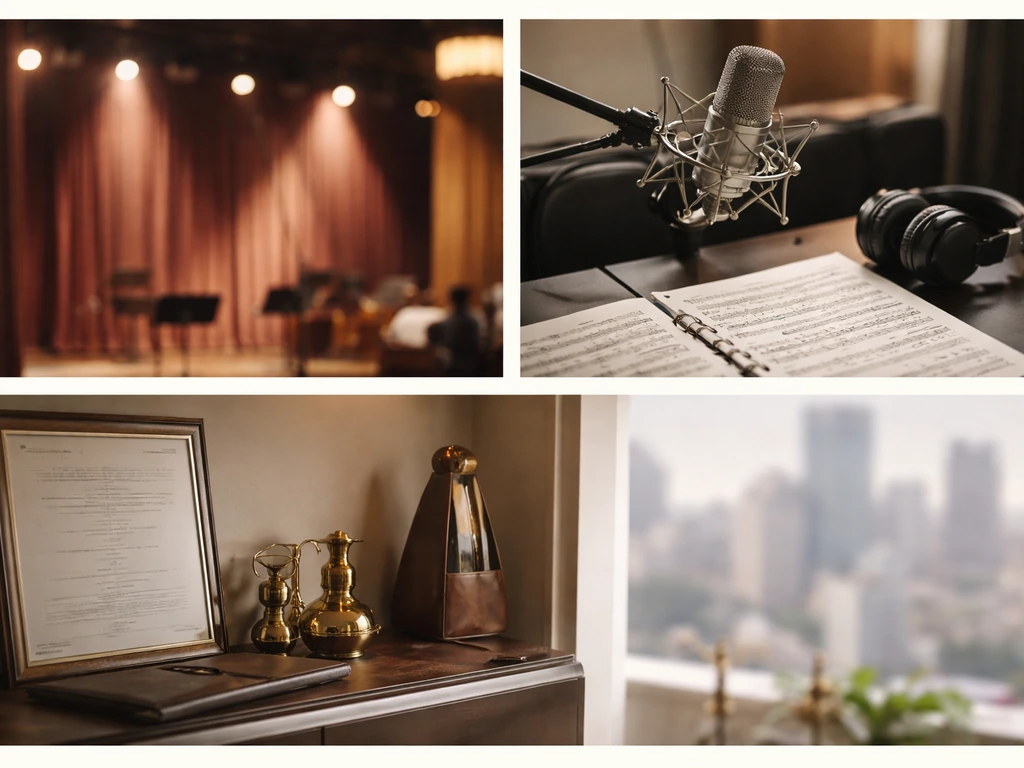 Three-frame collage: classical venue lights, studio microphone/headsphones, and a luxury office shelf with music items.
