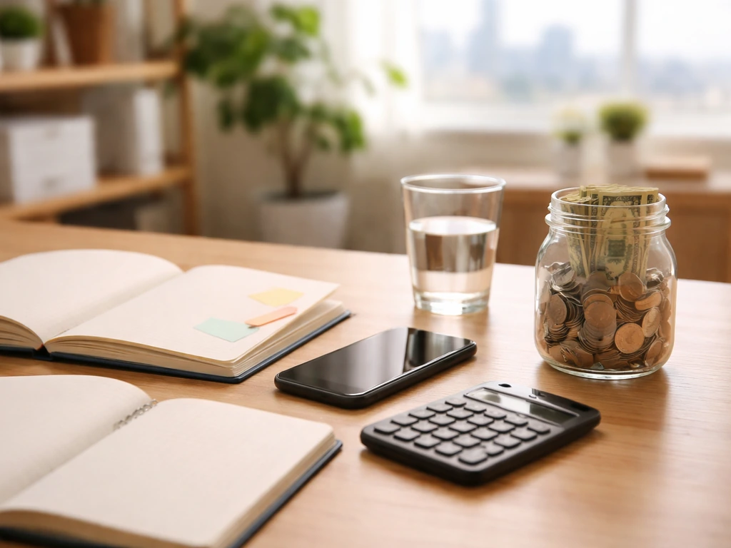 Minimal desk scene with coins, bundled cash, calculator, and open notebooks suggesting varying net worth methods.