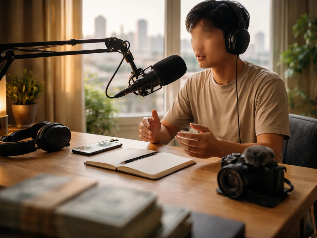 Anonymous home studio scene with microphone and creator desk, symbolizing income and net worth