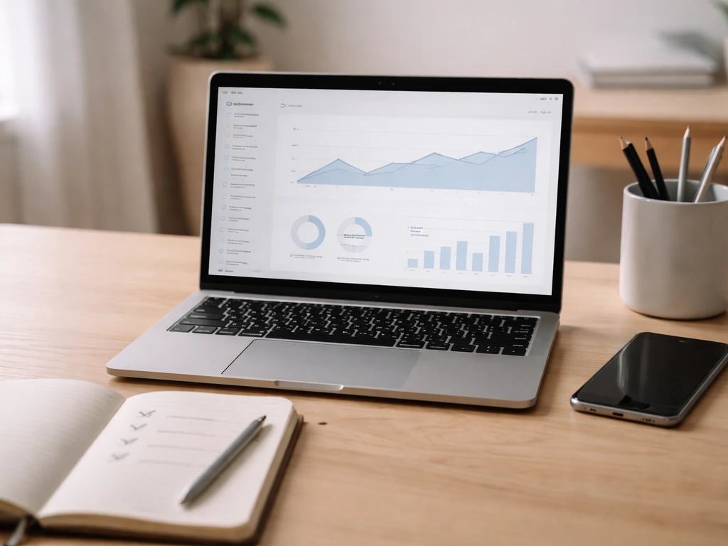 Laptop with social analytics-style graphs and a simple handwritten checklist beside it