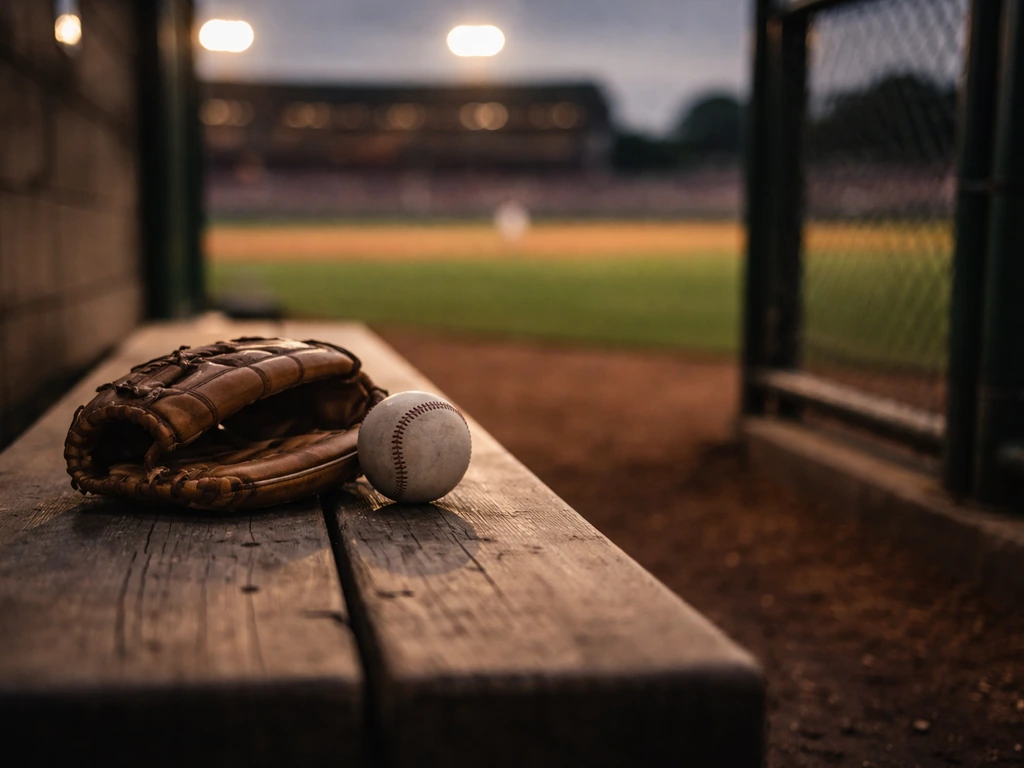 Baseball glove and ball on a bench near the bullpen, with a blurred stadium field in the background.