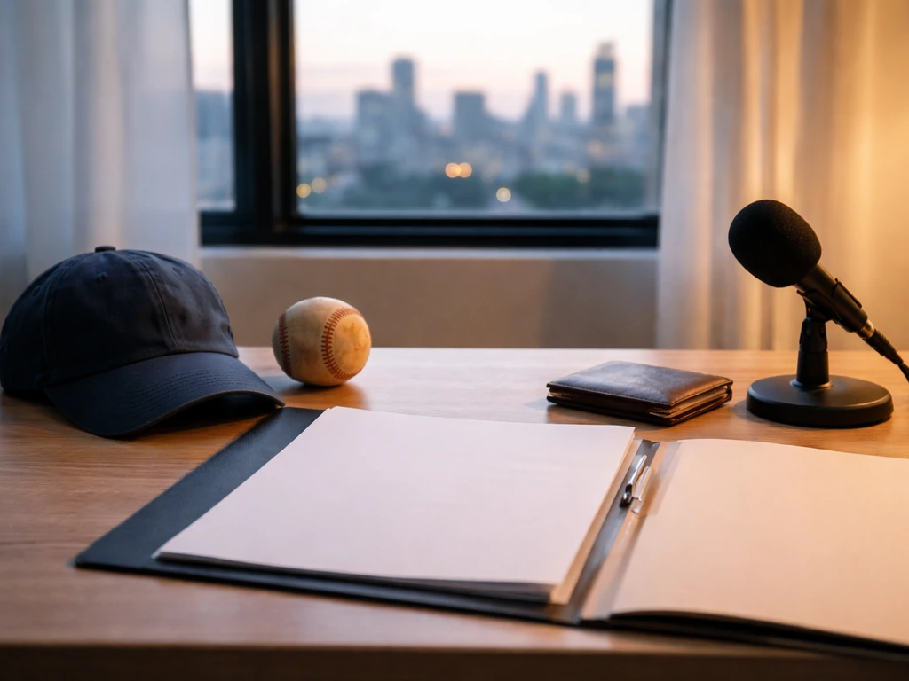 Minimal photo of a desk with baseball memorabilia, contracts, and a city skyline at dusk symbolizing contract phases.