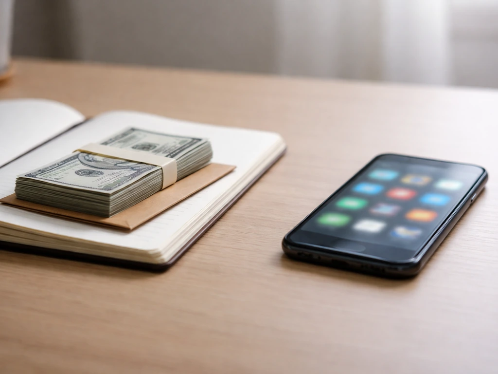 Minimal desk scene with cash and a blurred finance phone, symbolizing salary vs net worth confusion