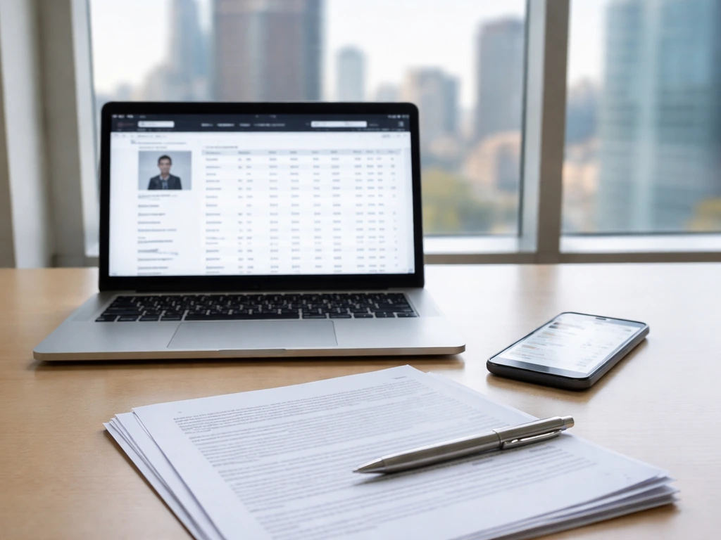 Minimal desk scene with laptop and phone showing a generic contract/stats webpage, symbolizing self-checking figures.