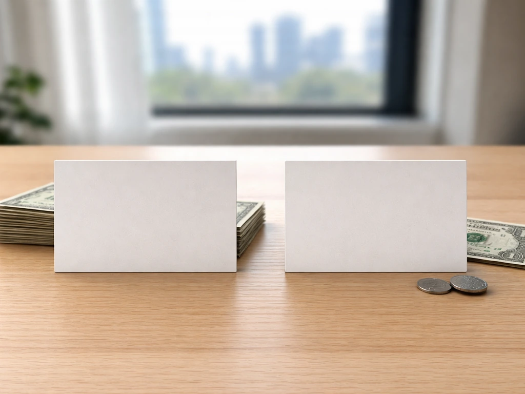 Two minimal desk cards: one with bundled bills (band-level) and one with coins (member-level), no text.