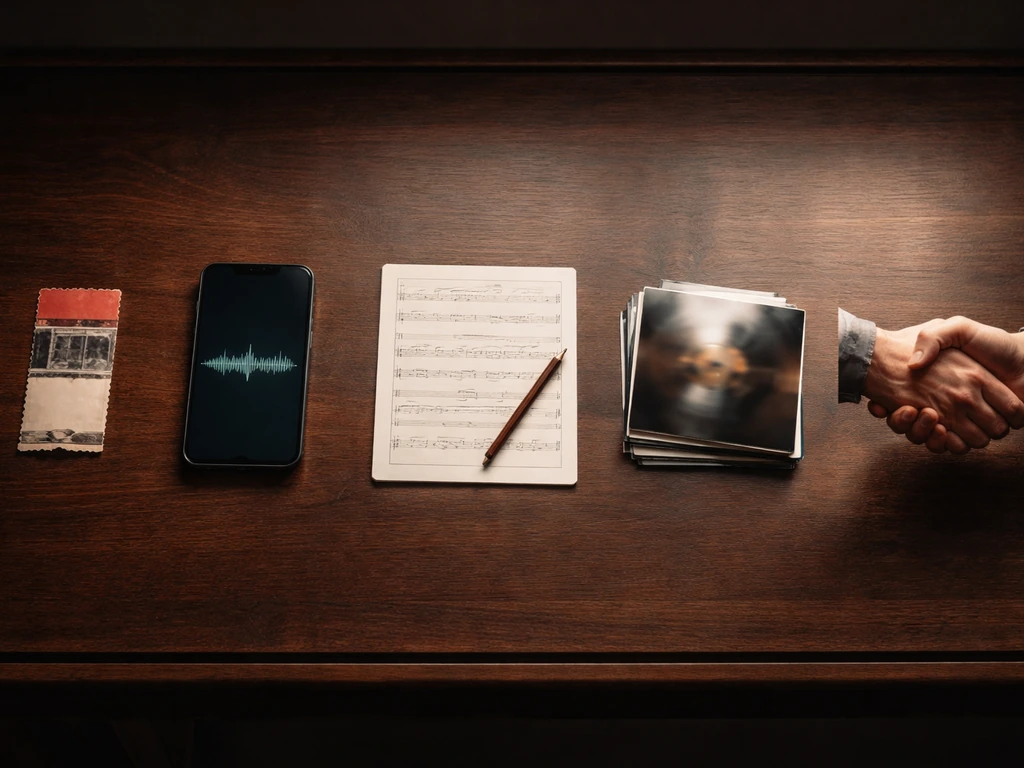 Minimal photo of a music desk with distinct items symbolizing touring, streaming, songwriting, sales, and sponsorship.