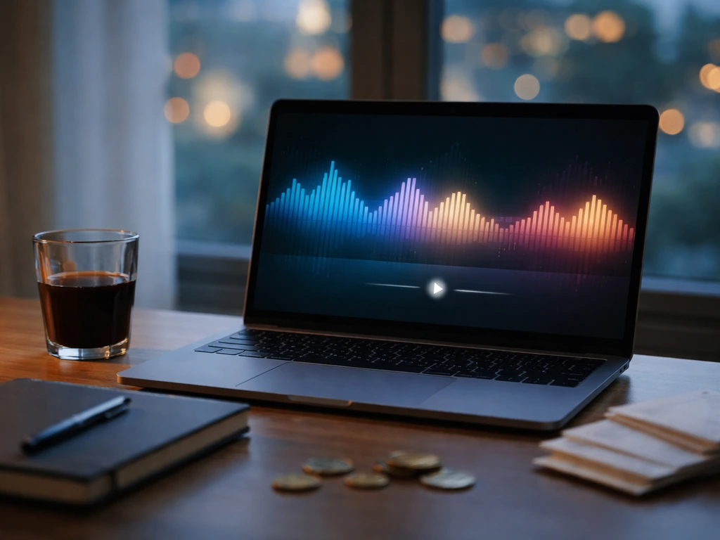 A minimalist streaming platform panel on a laptop showing abstract music playback and royalty concept visuals.