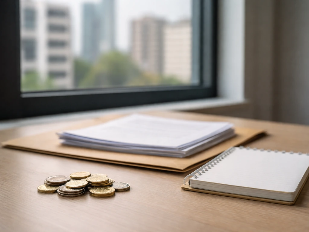 Monedas y recibos junto a una ventana con edificios al fondo, simbolizando activos y pasivos inmobiliarios.