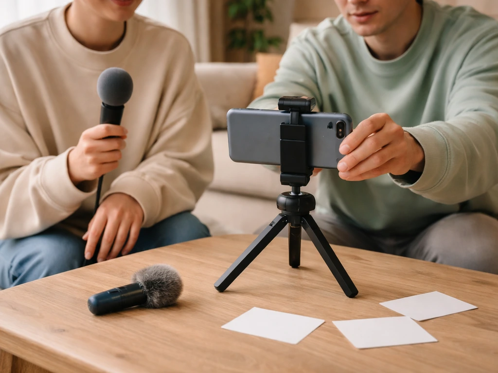 Two creators filming a sketch-comedy scene together in a cozy living room with a small tripod and microphone.