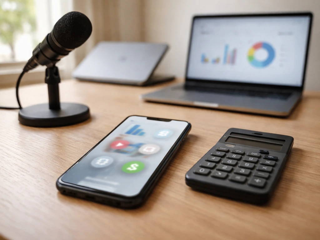 Minimal desk setup with smartphone and laptop showing anonymous analytics-style icons for creator income signals