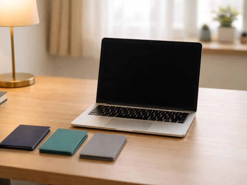 Minimal desk scene with a laptop showing three unlabeled income categories represented by colored folders