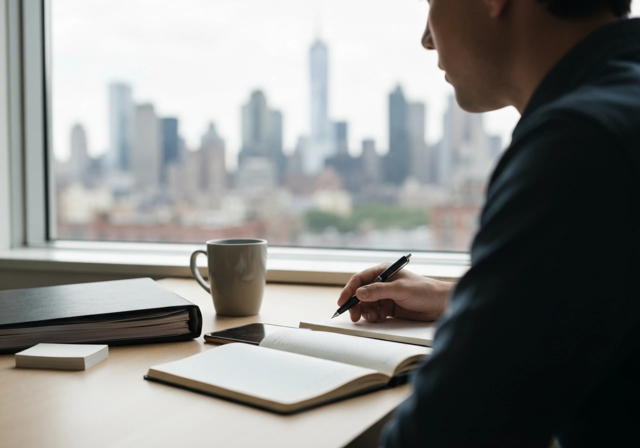 New York trading educator-themed desk scene with a notebook, pen, and city view