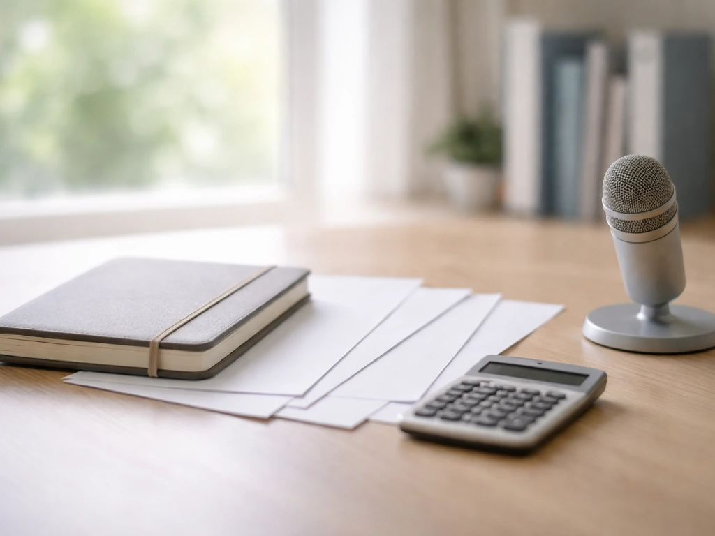 Minimal photo of a business analyst’s desk with layered documents and a calculator beside a microphone