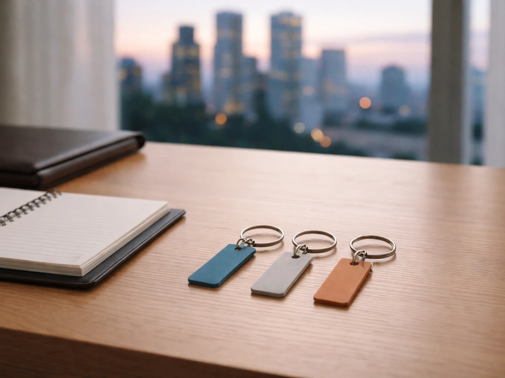 Minimal desk scene with three colored key tags implying a timeline shift in business history.