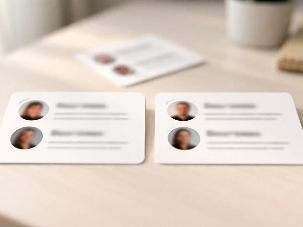 Blurry smartphone search-result cards on a desk, suggesting disambiguation between similar names