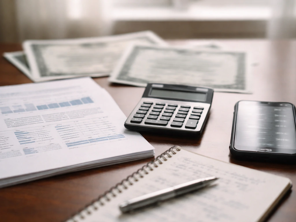 Close-up of an analyst desk with annual report pages, a calculator, and blurred finance documents.