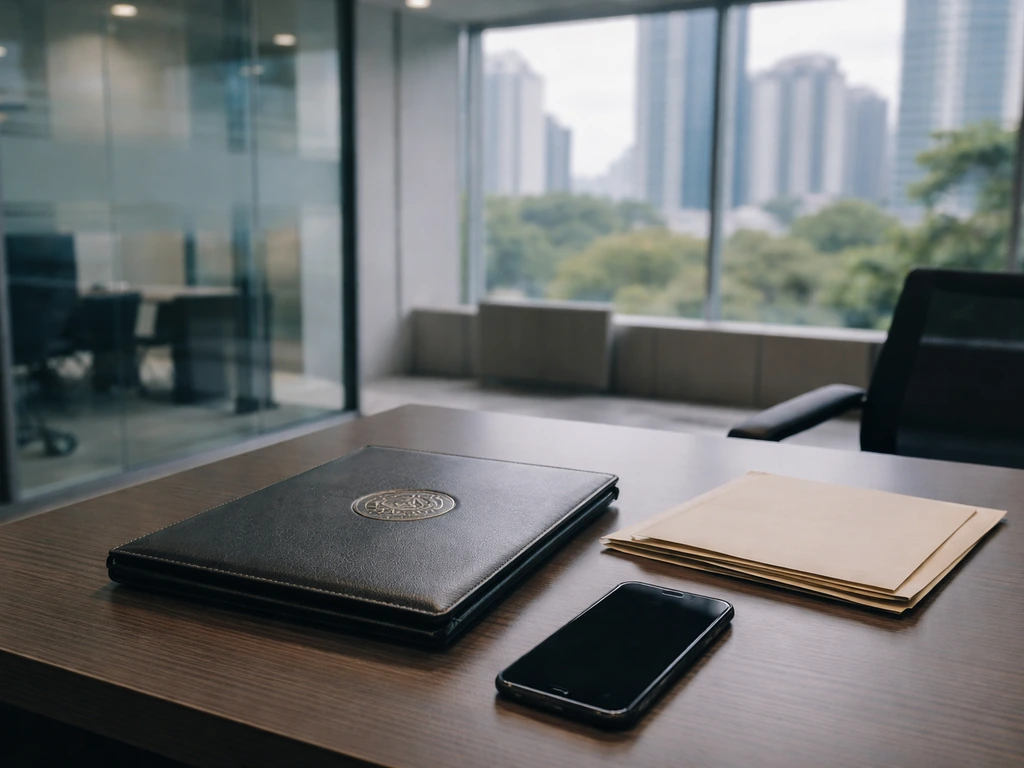 Minimal office desk with sealed document folder and dark smartphone, suggesting private corporate holding paperwork.