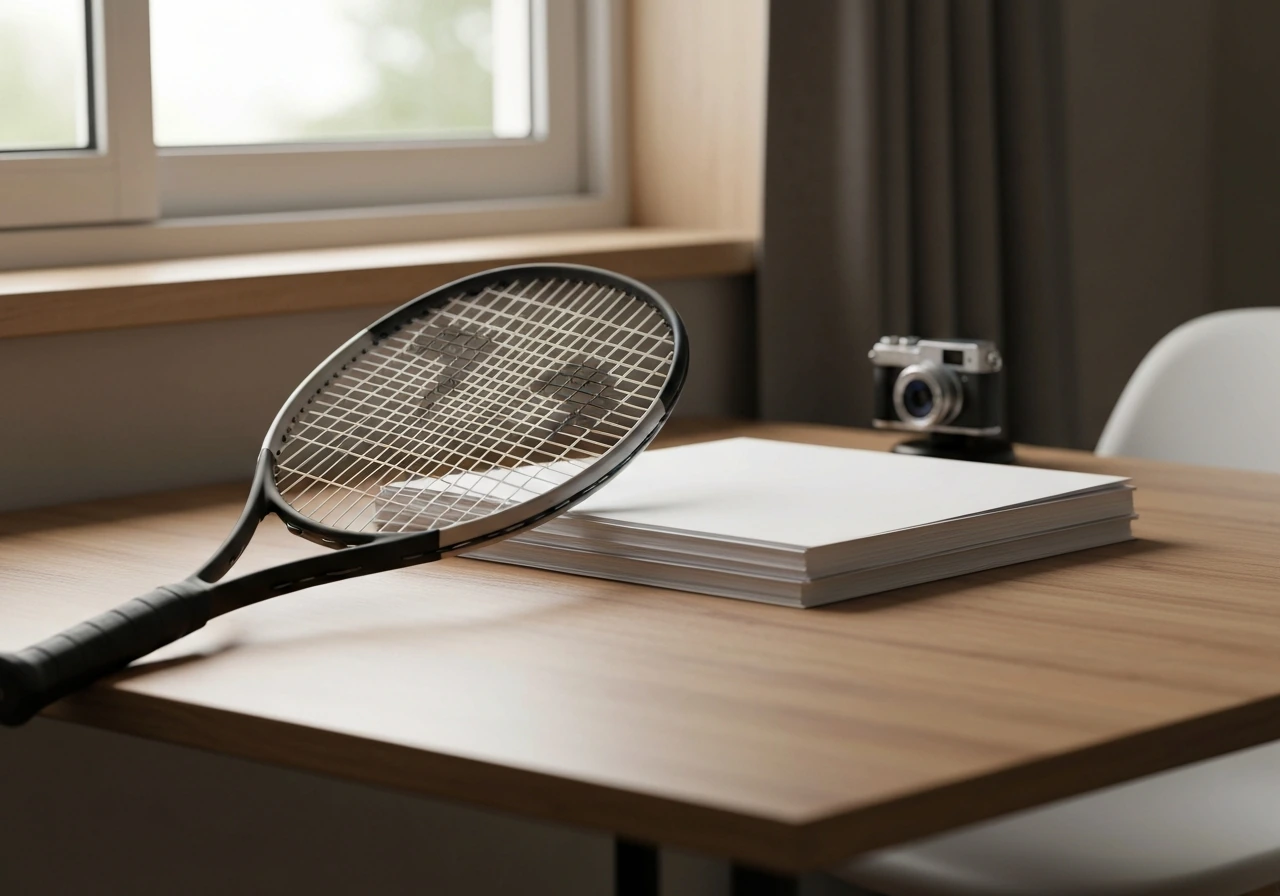 Minimal tennis-themed office setting with a tennis racket and financial papers to suggest Emma Navarro disambiguation.