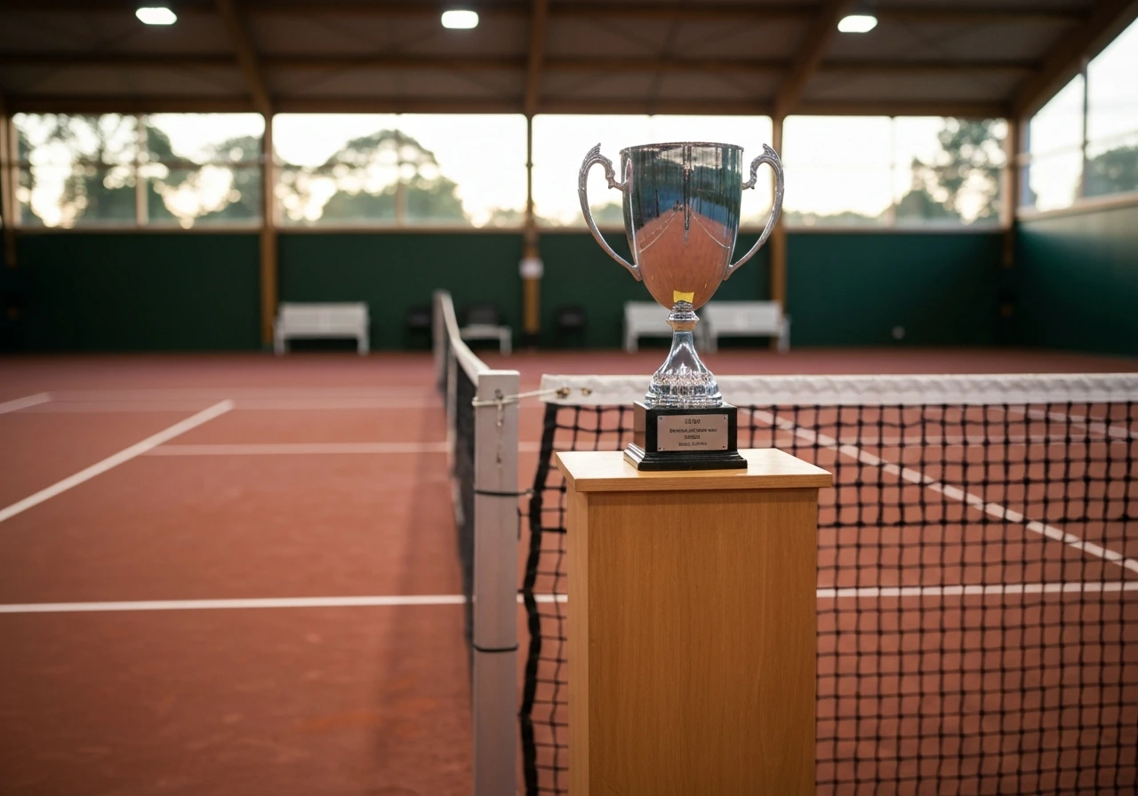 Upscale tennis trophy on a pedestal beside a softly blurred court, symbolizing recent success and net-worth context.