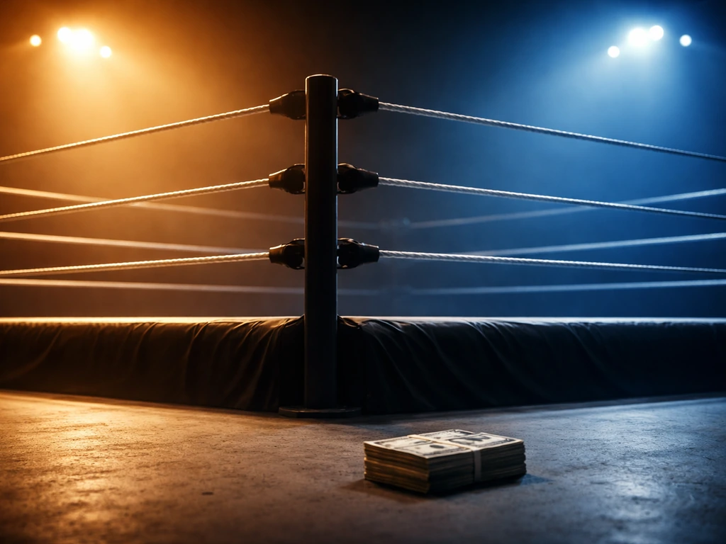 Empty wrestling ring with cash on the floor under two-tone arena lighting, symbolizing career wealth.