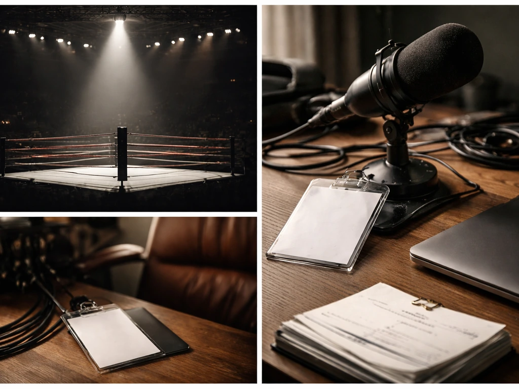 Empty wrestling ring, studio microphone desk, and upscale office corner suggesting multiple income streams.