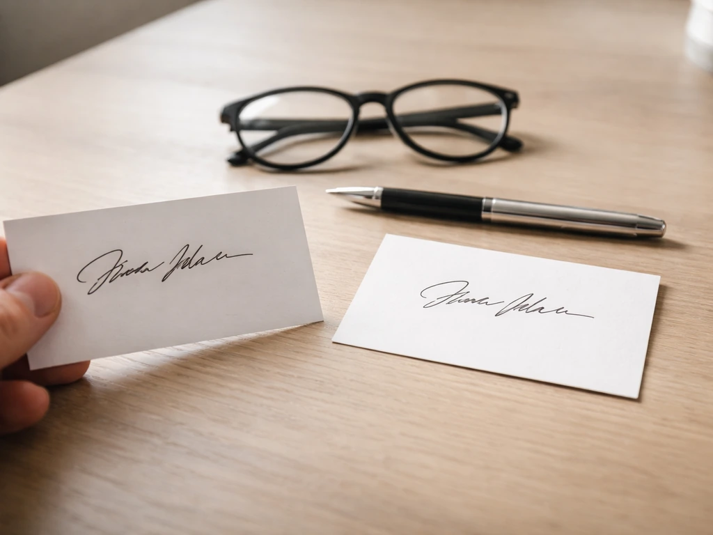 Close-up of two printed namecards side by side with careful handwriting comparison in a quiet office