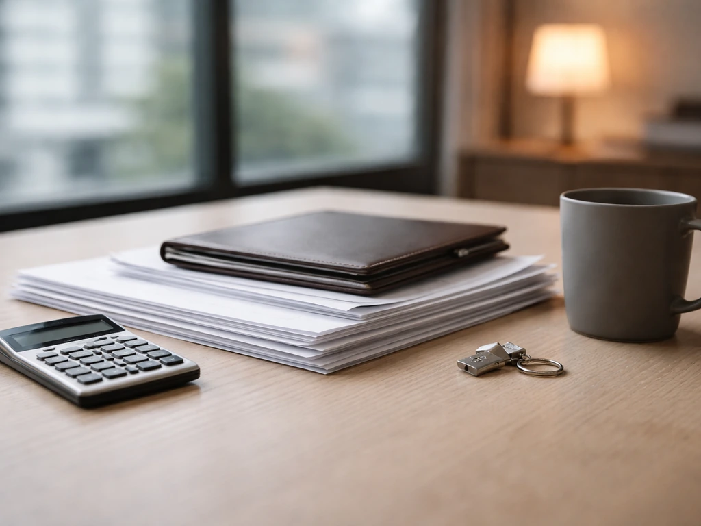 Minimal photo of an office desk with a calculator and neatly stacked documents, symbolizing asset and income drivers.