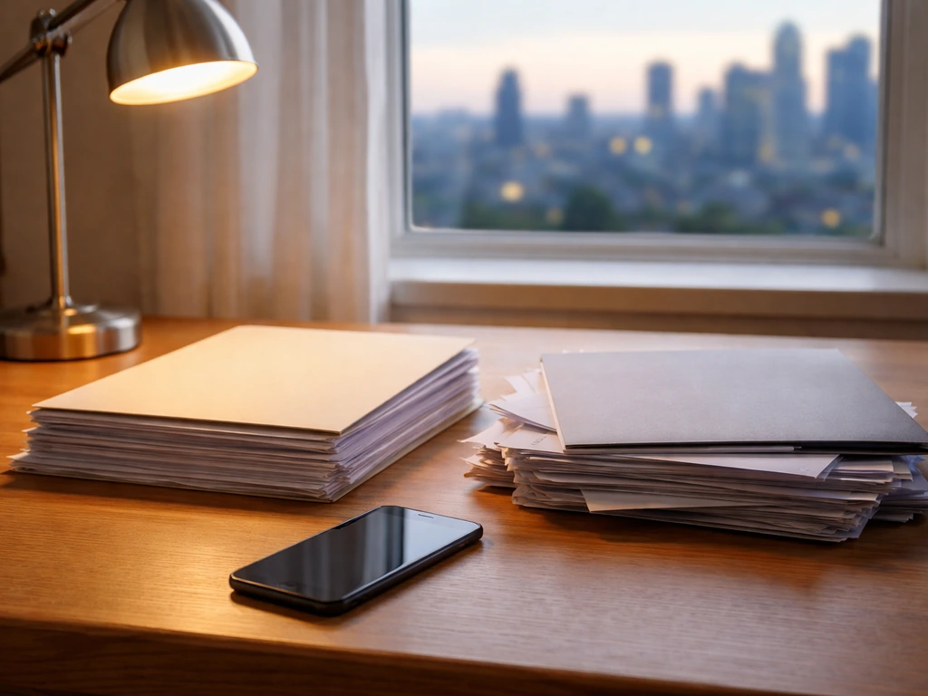 Minimal desk scene with two contrasting paper stacks and folders symbolizing different net worth estimates.