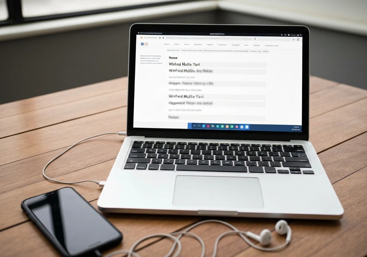 Laptop and phone on a wooden desk showing blurred name variants for identity verification