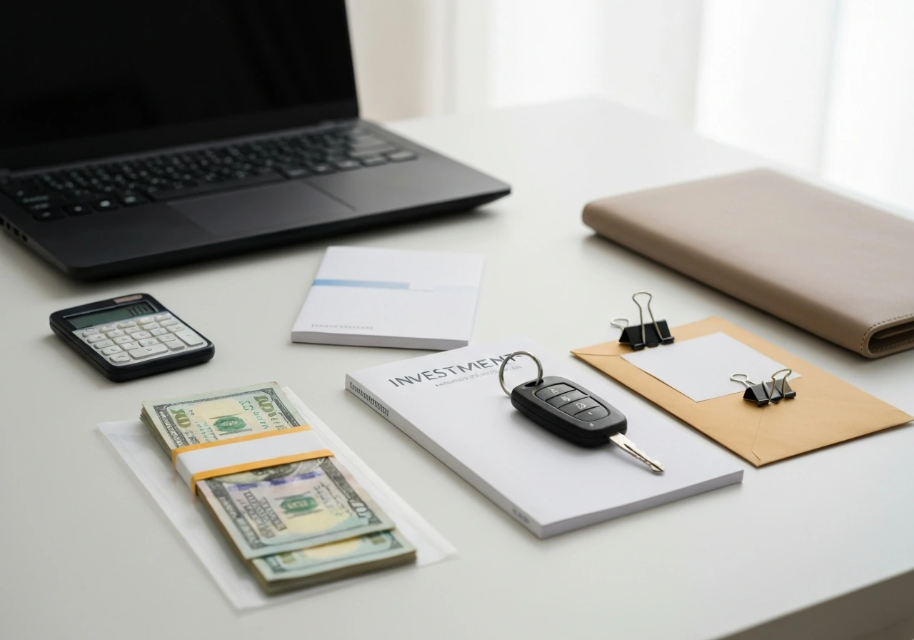 Minimal photo showing a calculator beside a folder of finance items with a balanced assets vs liabilities vibe