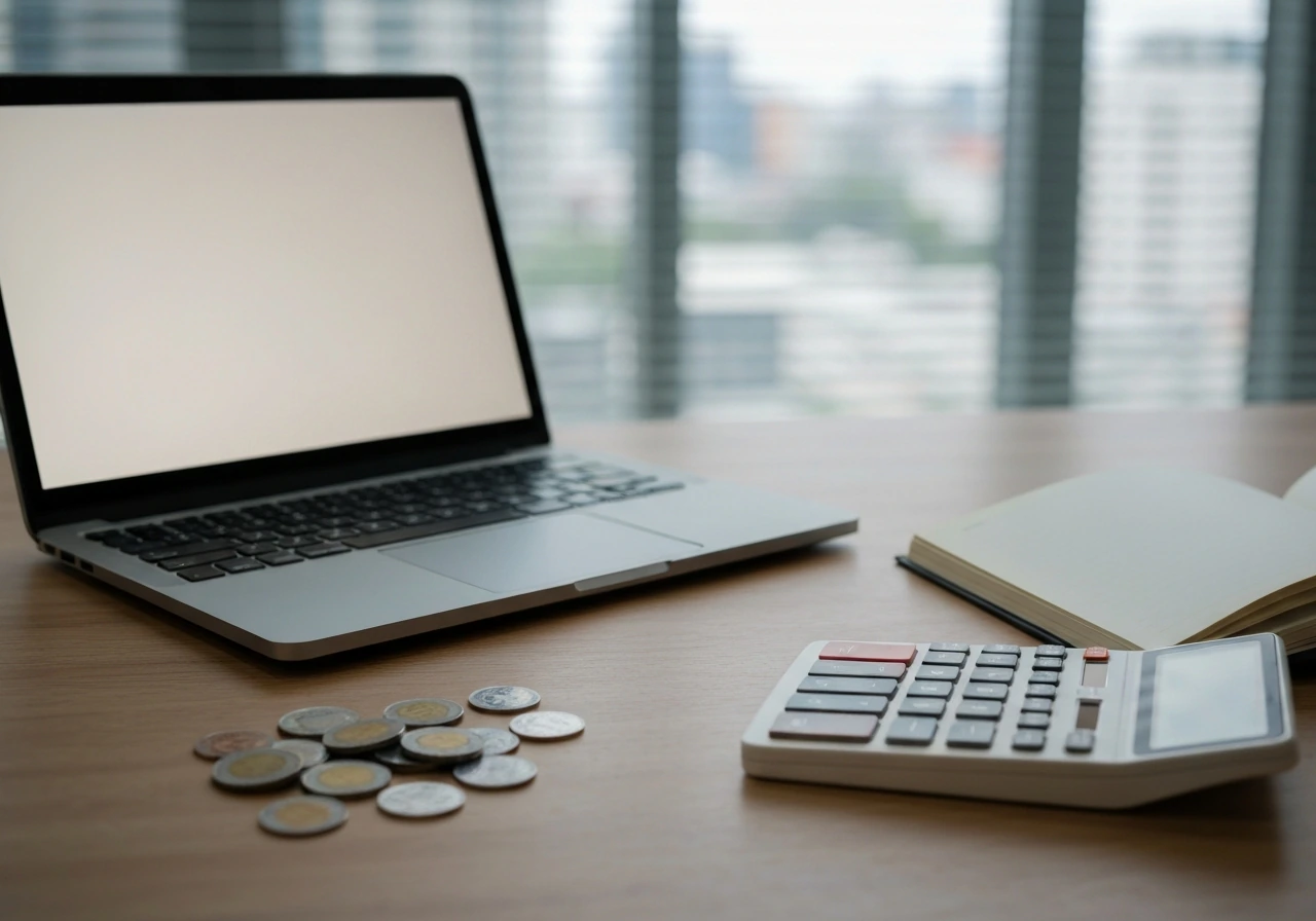 Minimal desk scene with scattered coins, a laptop, and an open notebook suggesting net worth estimate factors.