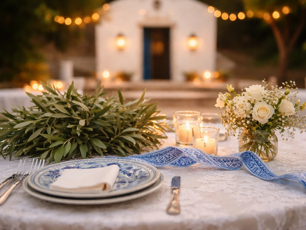 Minimal Greek wedding table with blue-and-white decor, flowers, and soft church candlelight background.