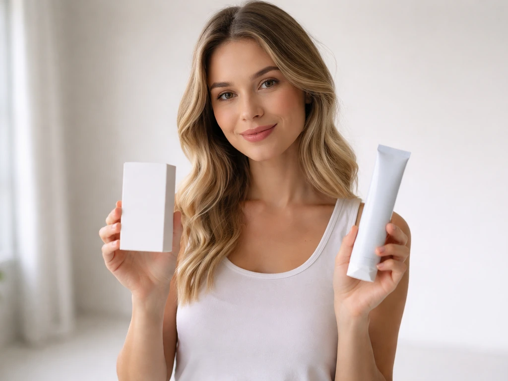 Anonymous actress-like woman at a minimalist studio desk holding a small oral care product box
