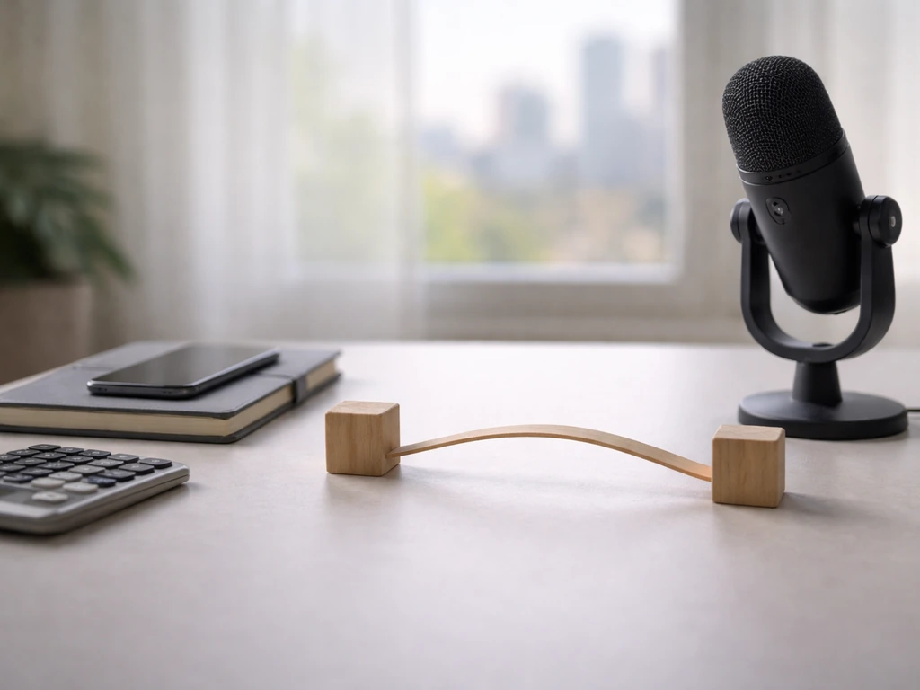 Desk with calculator and microphone, symbolically showing a money range concept for 2026 without text.