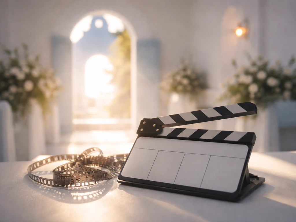 Blank clapperboard and unwound film strips beside a sunlit white-and-blue church doorway silhouette.