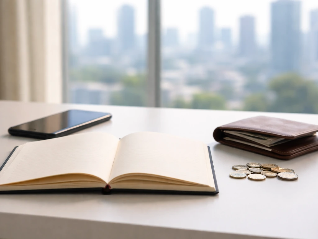 Anonymous finance desk scene with a notebook, smartphone, and coins symbolizing celebrity net worth analysis.