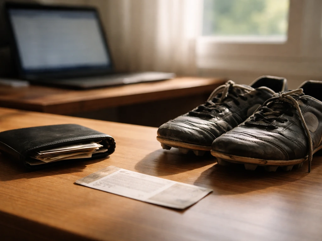 Minimal photo of a football-themed wallet and match ticket beside a laptop, symbolizing career earnings