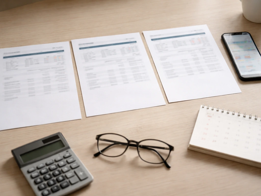 Office desk with three different financial pages, blurred phone screen, and calculator for comparing numbers.