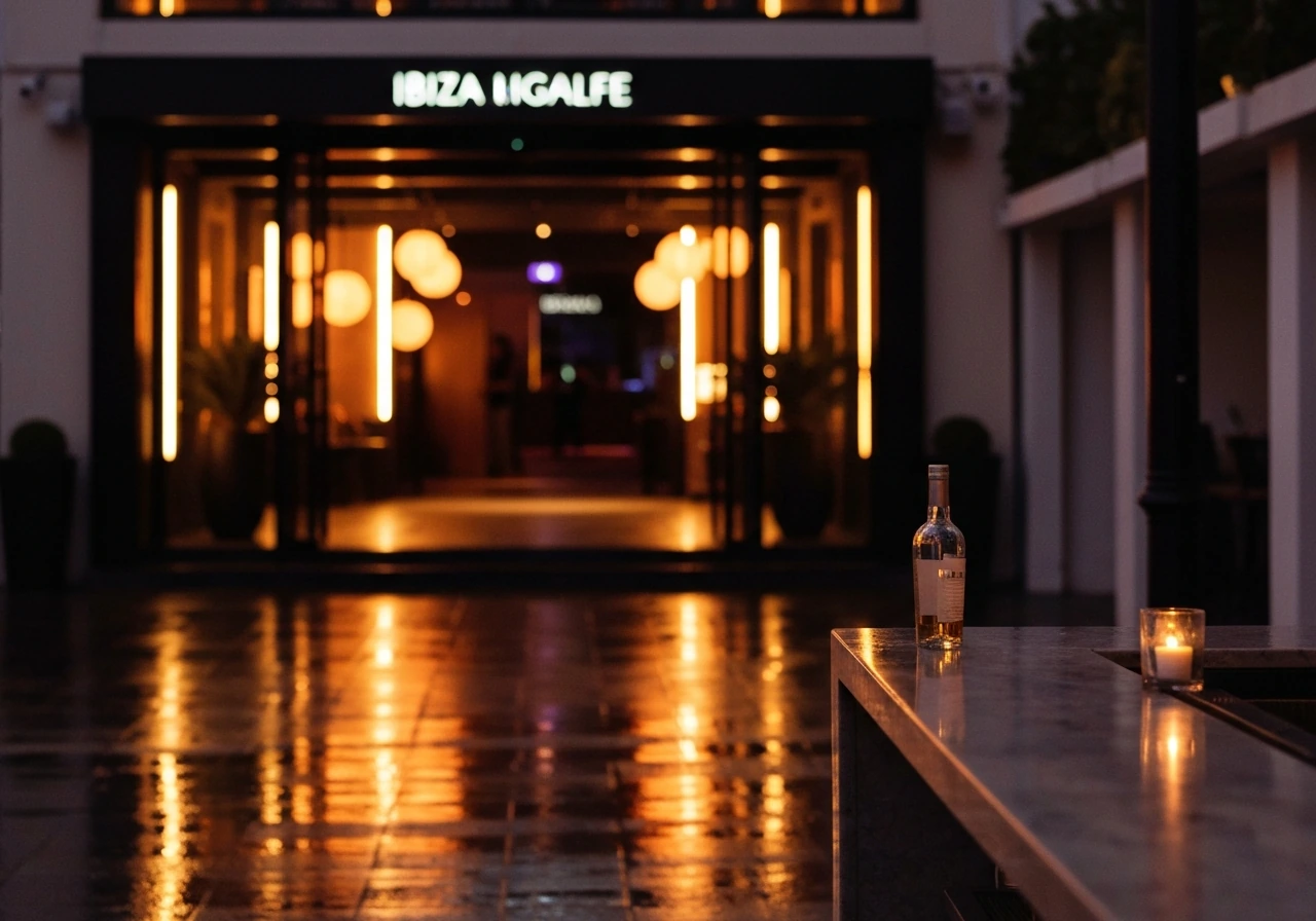 Empty Ibiza nightlife street scene at dusk with glowing lights and a sense of luxury and business