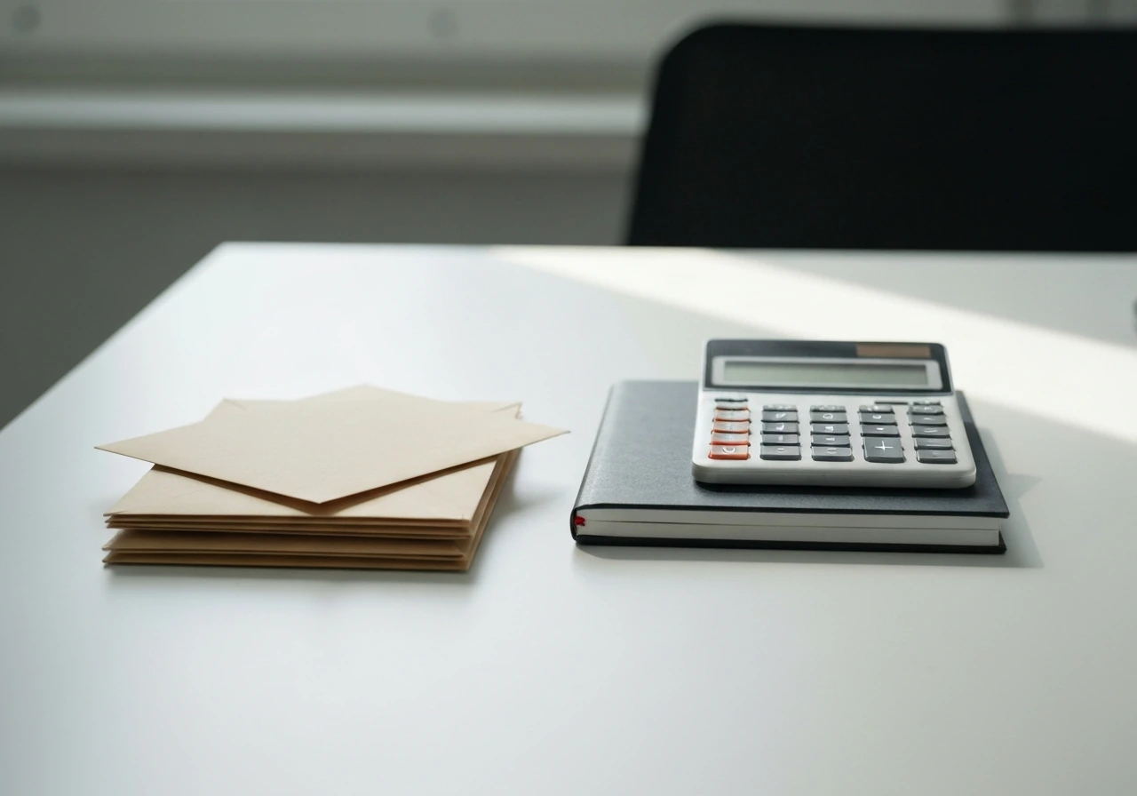 Minimal photo of a desk with a calculator, notebook, and layered envelopes symbolizing layered evidence methodology.