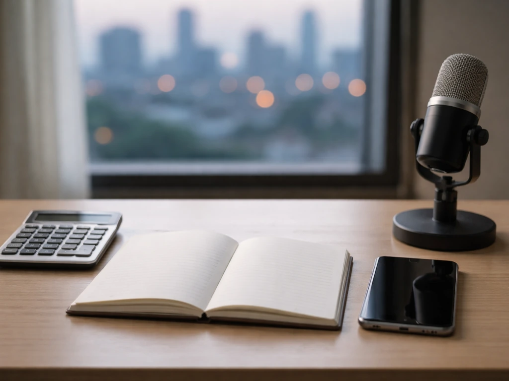 Calculator and notebook beside a microphone on a desk with a blurred city skyline in the background.