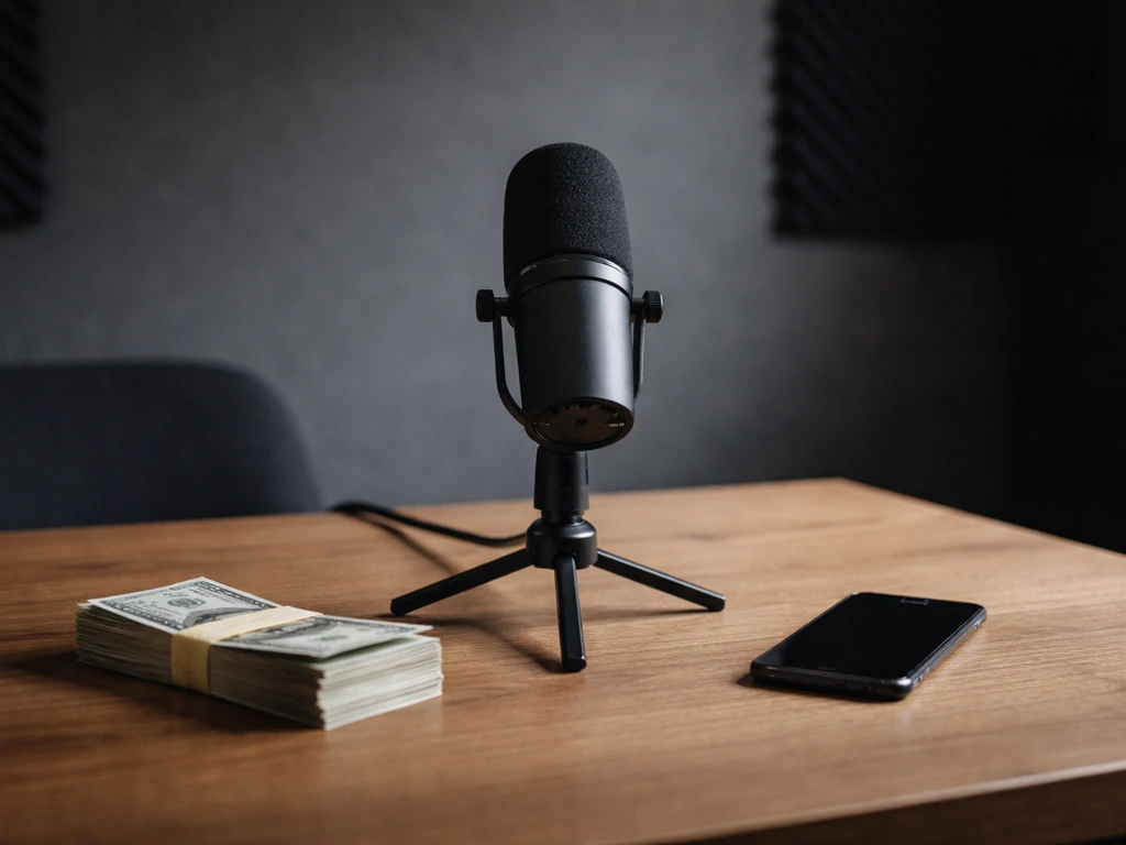 Lone microphone on a studio desk beside cash and a smartphone, symbolizing entertainment and money research.